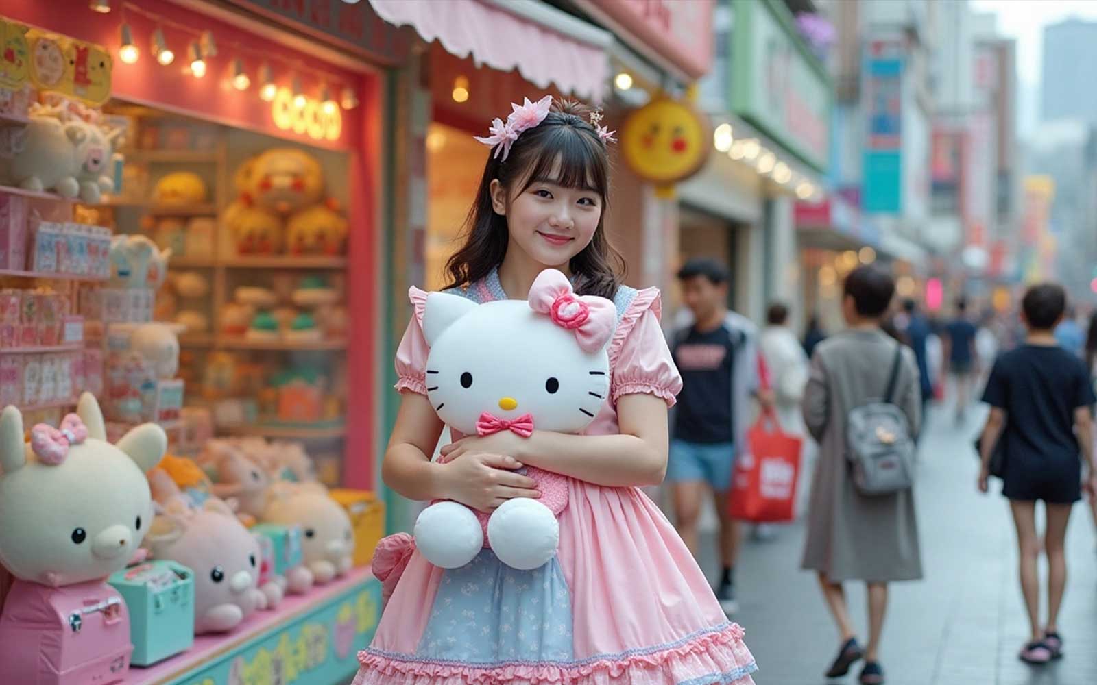 femme japonaise theme kawaii avec sa peluche