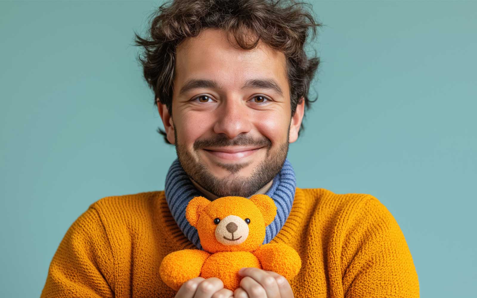 Homme avec sa peluche adulte