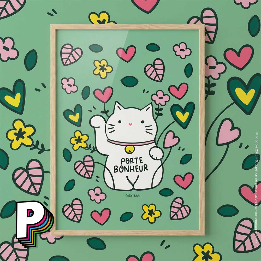 Affiche fun Chat porte-bonheur – Poster décalé format A3 avec cadre
