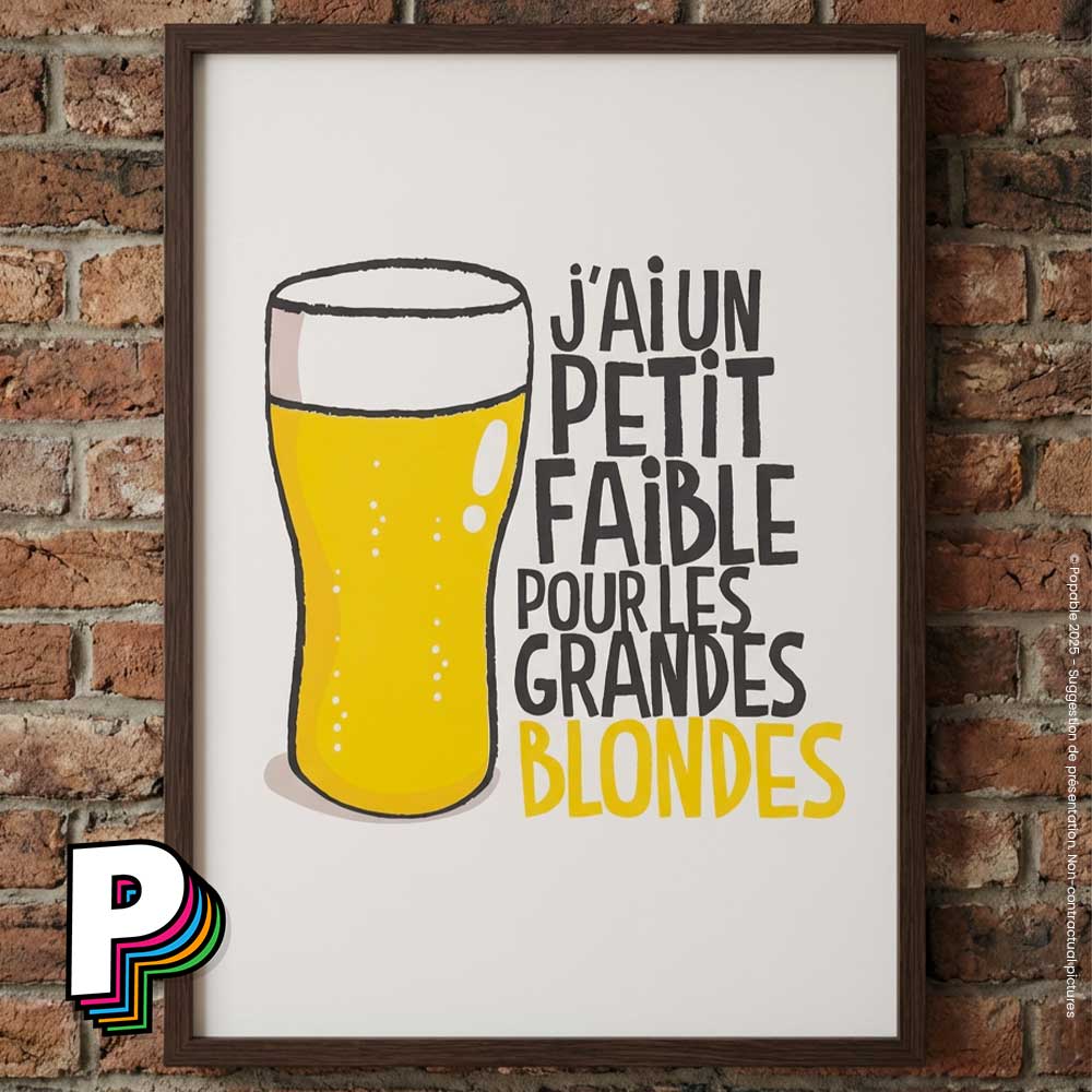 Affiche fun « J’ai un petit faible pour les grandes blondes » – Poster décalé format A3 avec cadre sur mur