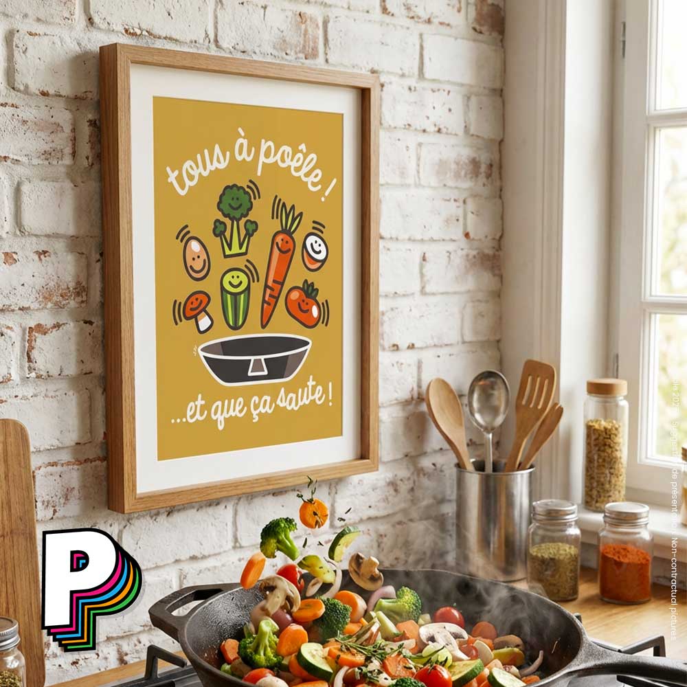 Affiche fun « Tous à poêle ! …et que ça saute ! » – Poster décalé format A3 dans une cuisine avec cadre