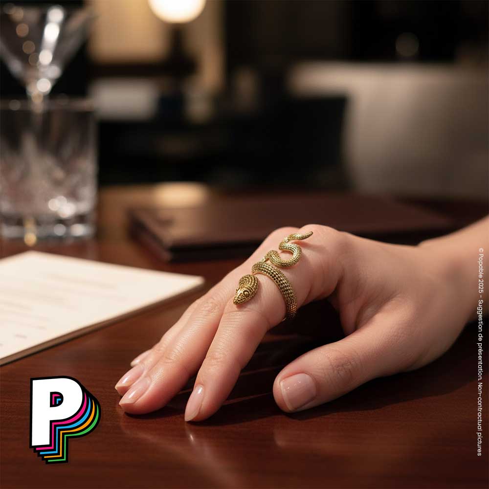 Bague serpent dorée sur une main de femme