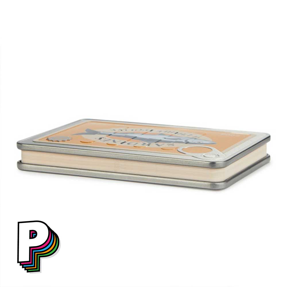 Carnet en forme de boîte de sardines conserverie avec pages jaunes côté