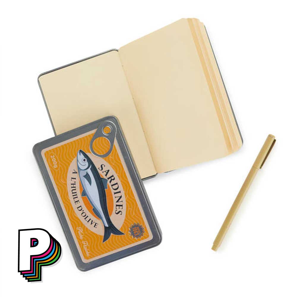 Carnet en forme de boîte de sardines conserverie avec pages jaunes ouvertes