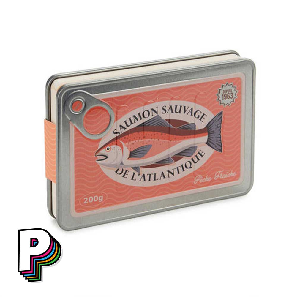 Carnet en forme de boîte de saumons conserverie avec pages saumons de biais