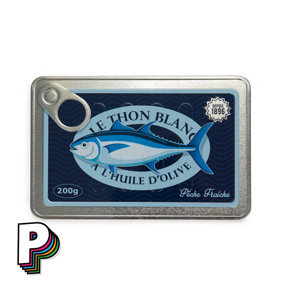 Carnet en forme de boîte de thon conserverie avec pages bleues détail page couverture carnet