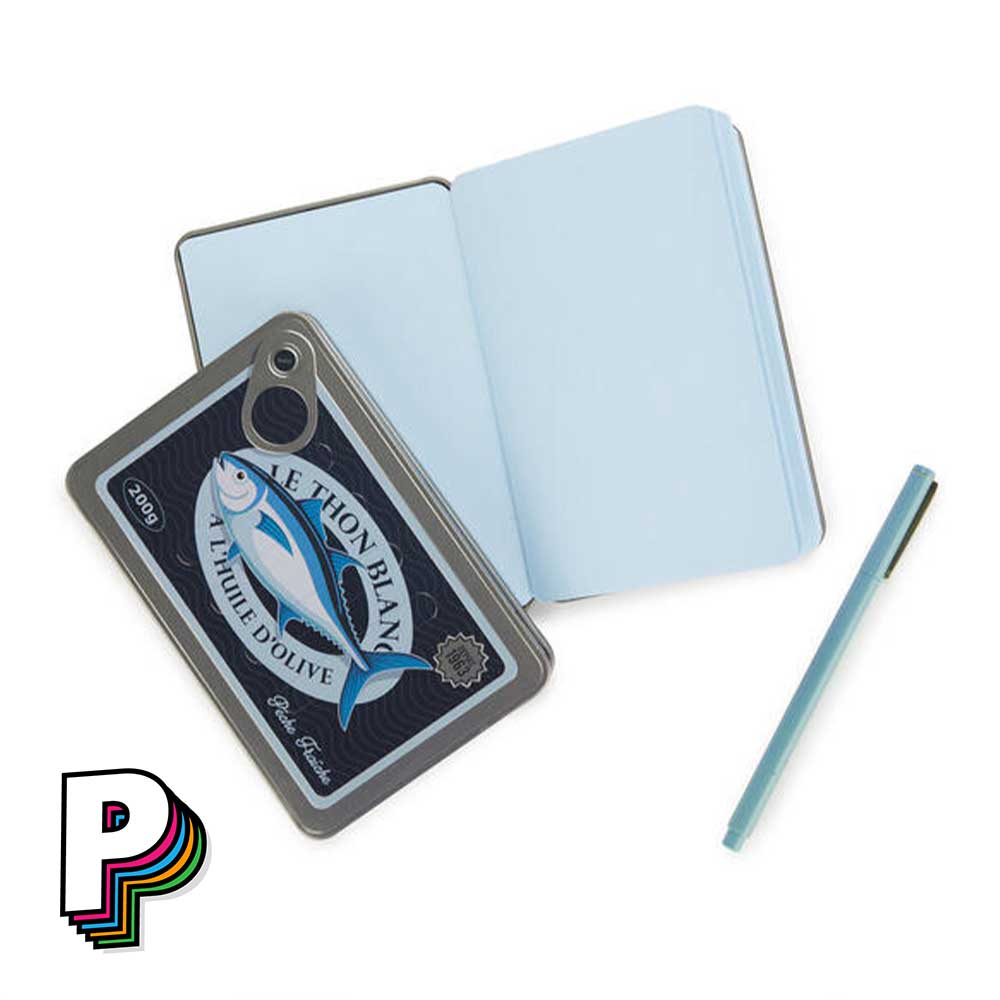 Carnet en forme de boîte de thon conserverie avec pages bleues carnet ouvert et fermé