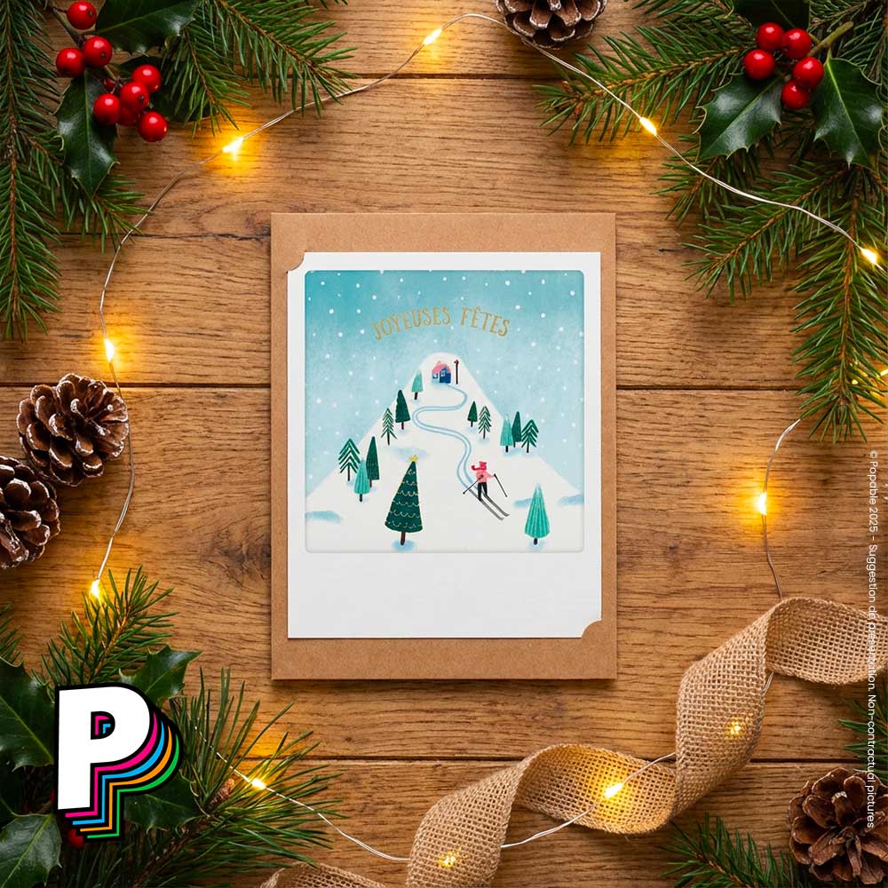 Carte “Joyeuses Fêtes” avec enveloppe : Une escapade hivernale à envoyer ❄️✨