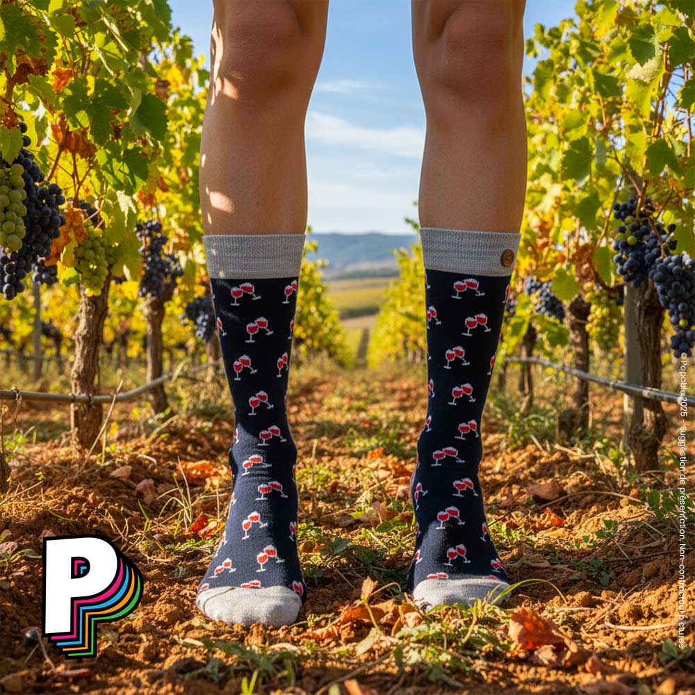 Chaussettes bleues “Verres de vin” – Lorenzo et Virginie – Cabaïa dans vigne