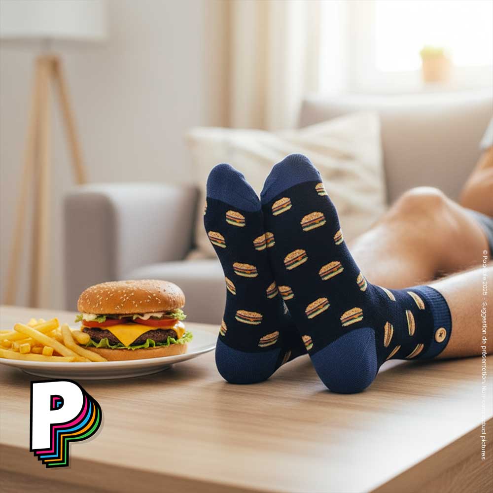 Chaussettes bleues “Burger” – Ben et Gabriel – Cabaïa avec hamburger sur table basse :)