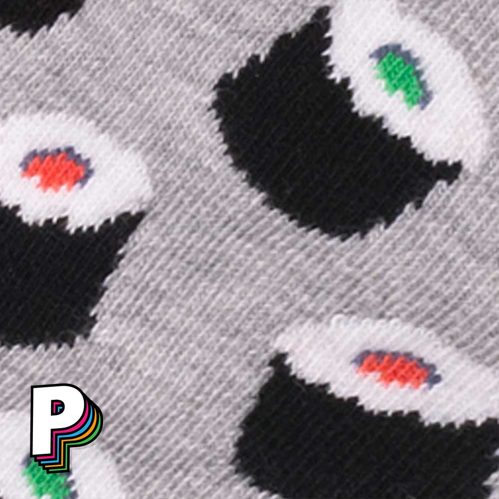 Détails des motifs sushis sur Chaussettes grises “Sushi” – Julien & Laurine – Cabaïa