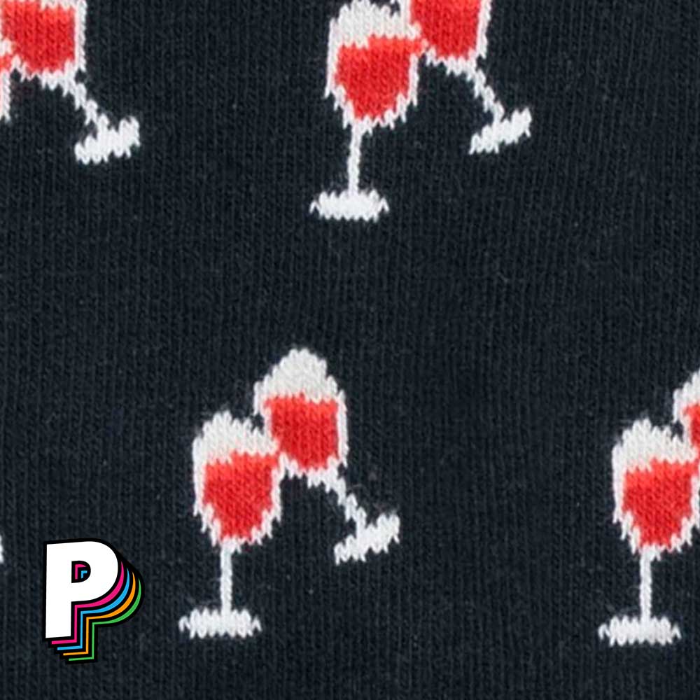 Détails des motifs "verres de vin" qui trinquent - Chaussettes bleues “Verres de vin” – Lorenzo et Virginie – Cabaïa