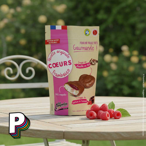 Cœur Caramel Framboise des Craquelins de Saint-Malo sur table avec framboise