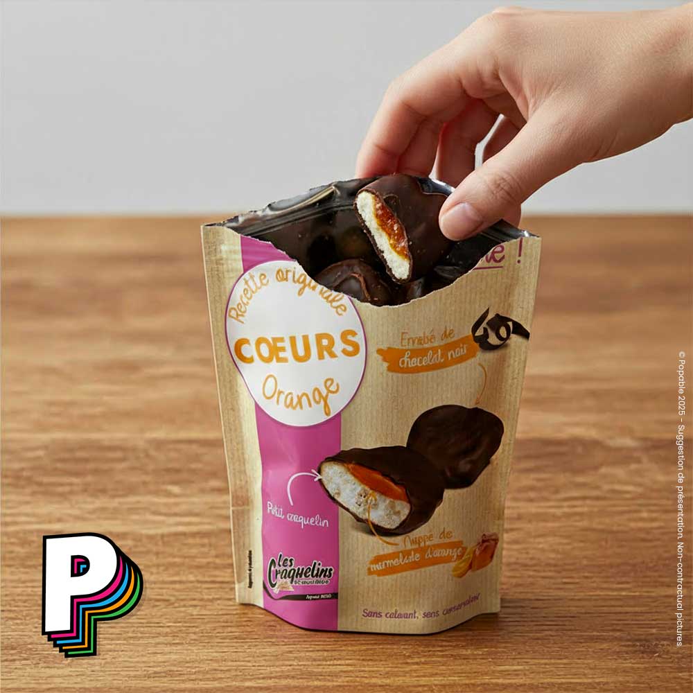 Main qui pioche dans sachet coeur fondants orange