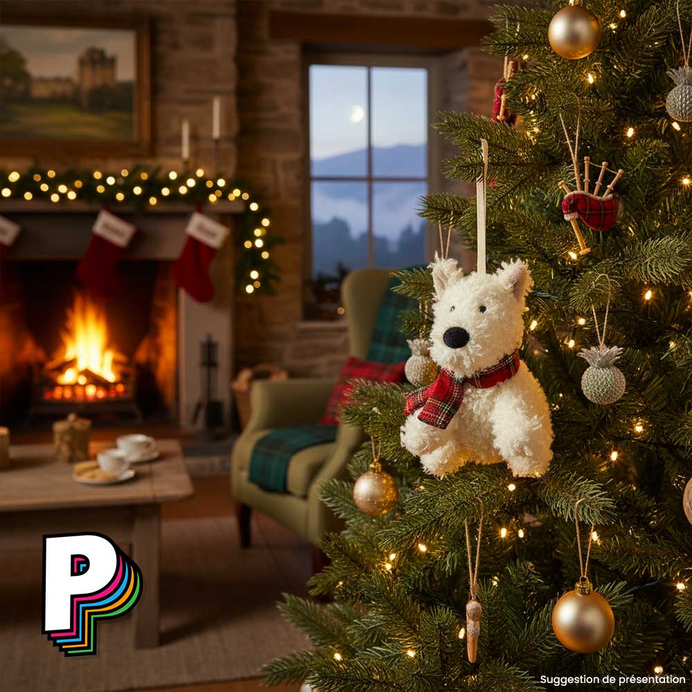 Décoration chien Ecossais Munro Scottie Dog de Jellycat dans sapin de Noël