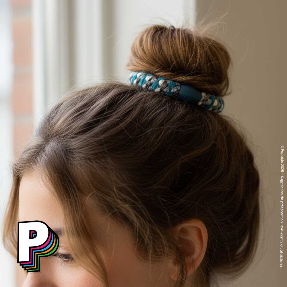 Chouchou & Bracelet 2 en 1 Bleu Mix tressé & pailleté de Kknekki avec chignon