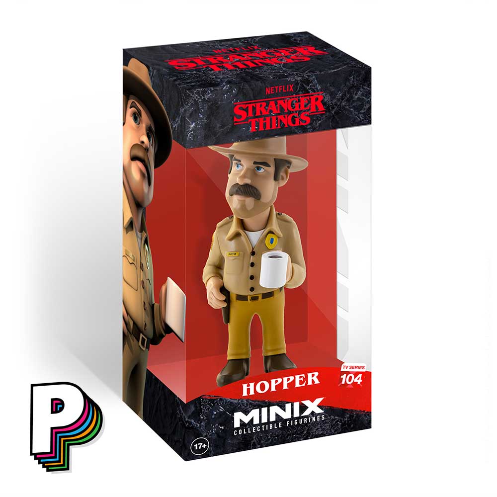 Facing avant boite de la Figurine Shérif Jim Hopper avec sa tasse Stranger Things de Minix