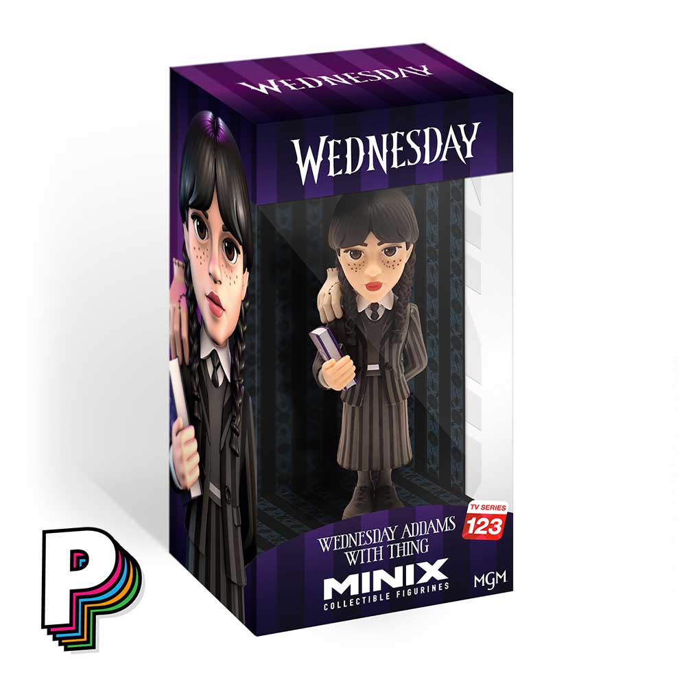 Facing avant de la boite collector Figurine Wednesday avec La Chose Minix