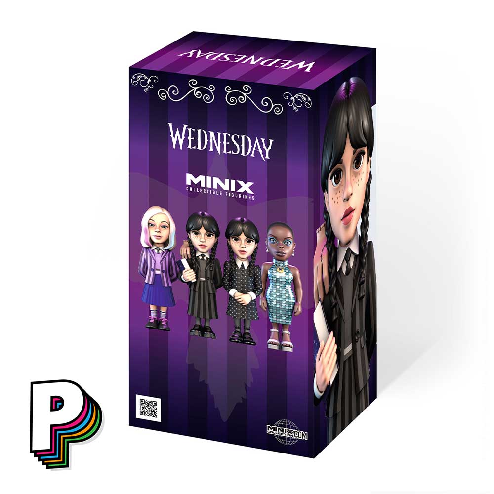 Facing arrière de la boite collector Figurine Wednesday avec La Chose Minix