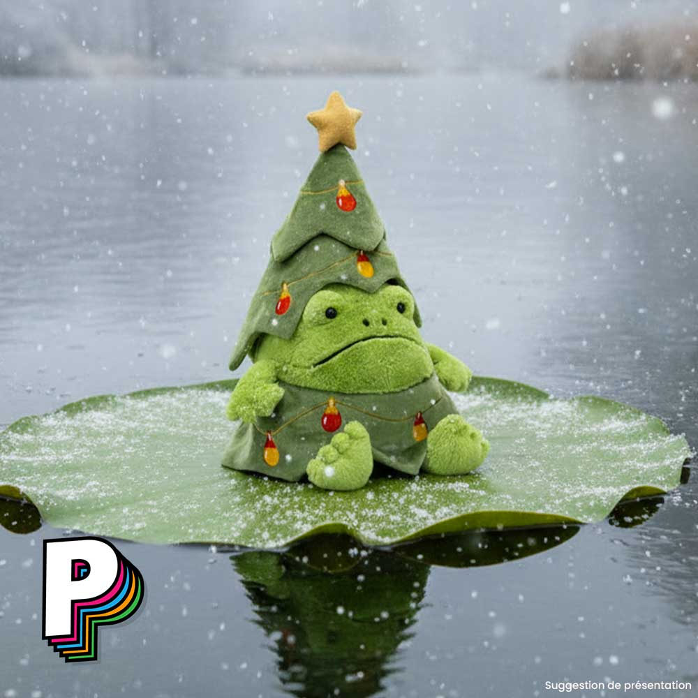 Peluche grenouille sapin de Noël Ricky Rain Frog de Jellycat sur nénuphar avec neige de noel 