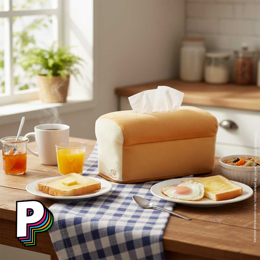 Housse boite mouchoir Pain/Brioche en peluche de Yup! à la table d'un petit dejeuner