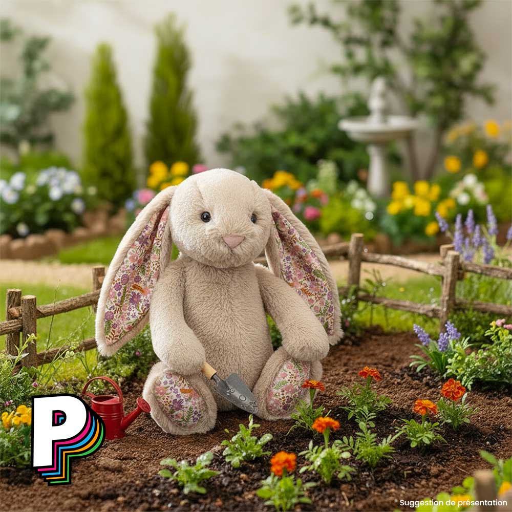 Peluche lapin beige Blossom de Jellycat (2 tailles) dans son jardin