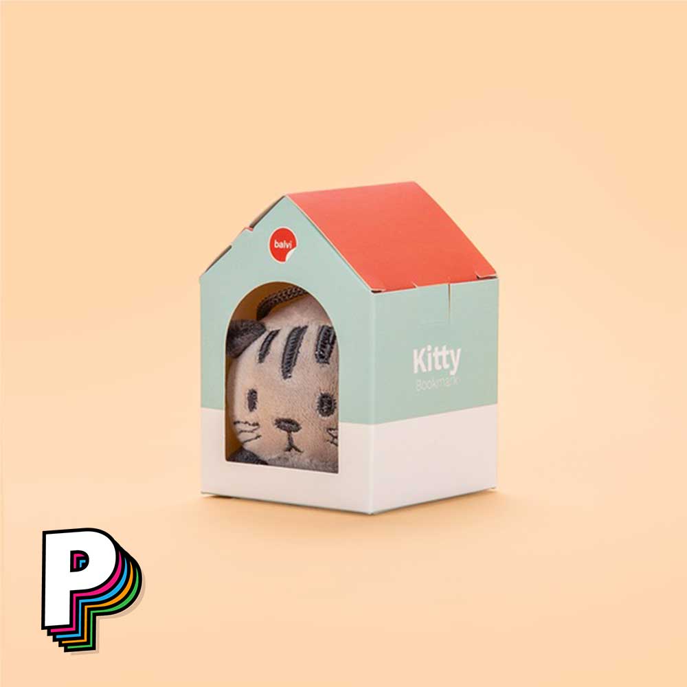 Marque-page peluche chat gris Fluffy Kitty dans sa boite niche