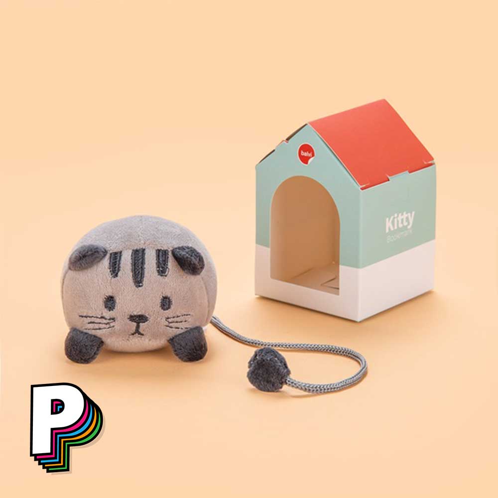 Marque-page peluche chat gris Fluffy Kitty avec sa boite en forme de niche