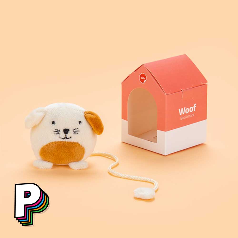 Marque-page peluche chien blanc Fluffy woof et sa boite