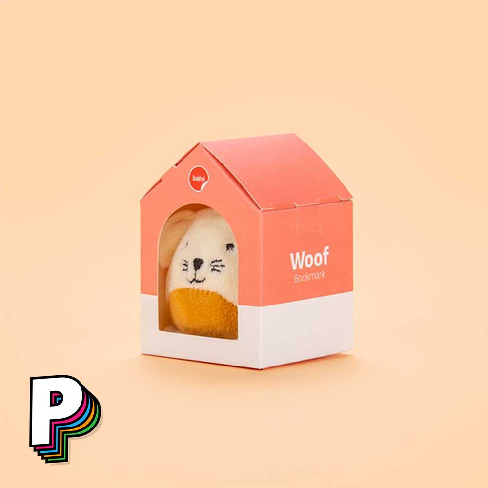 Marque-page peluche chien blanc Fluffy woof dans sa boite en forme de maison