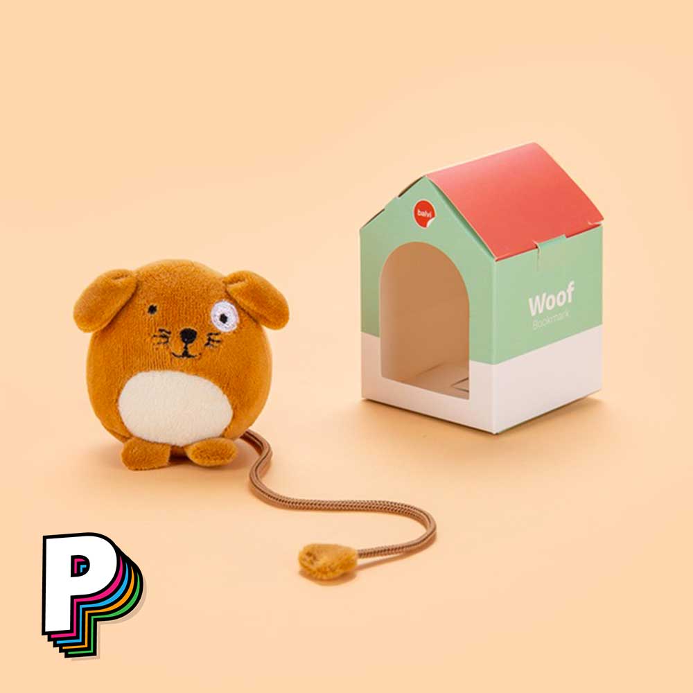 Marque-page peluche chien marron Fluffy woof et sa boite