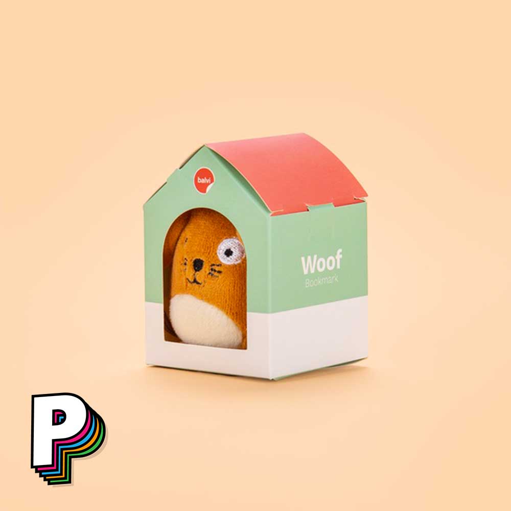 Marque-page peluche chien marron Fluffy woof dans sa boite en forme de niche