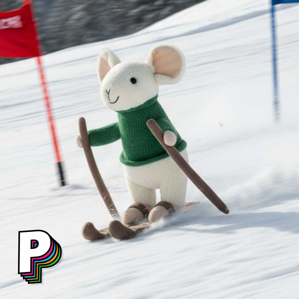 Peluche souris Merry avec ski de Jellycat qui descend une piste de ski