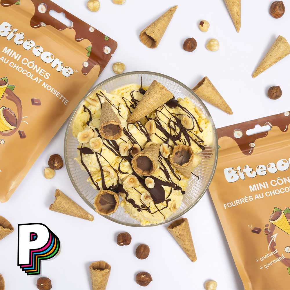 Mise en scène Mini cônes fourrés au chocolat noisette de Bitecone