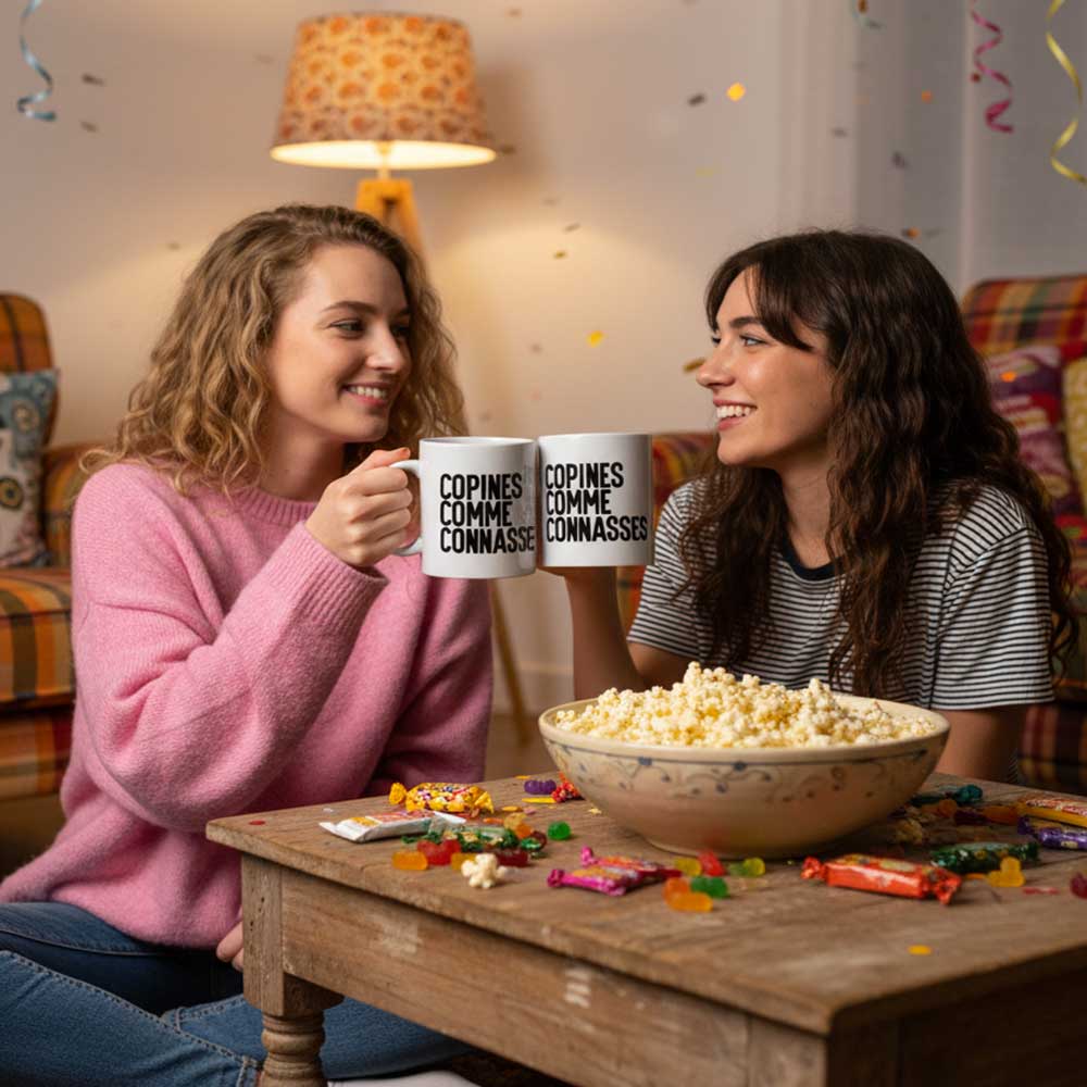 Mug "Copines comme connasses" blanc brillant avec deux femmes qui trinquent avec tasse