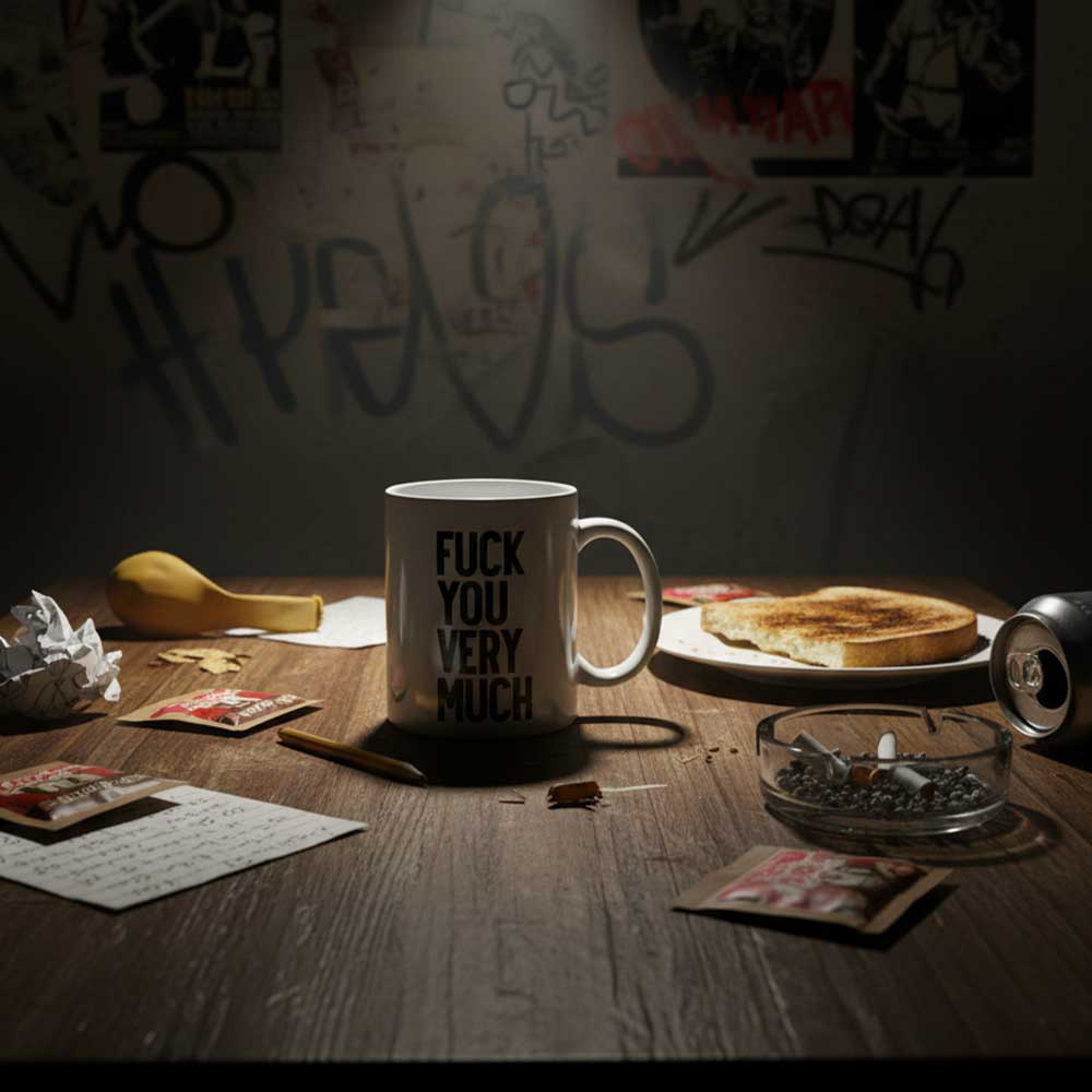 Mug "Fuck You Very Much" blanc brillant table dans un état. 