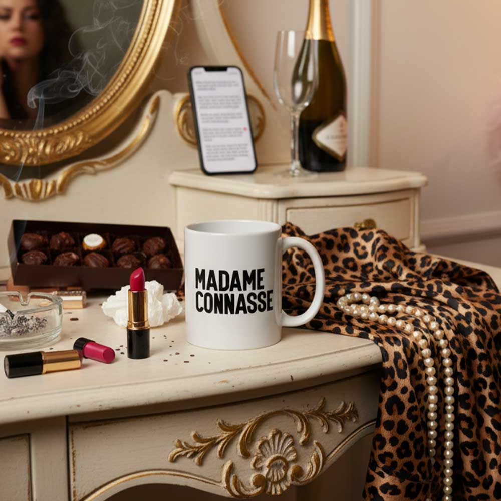 Mug "Madame connasse" blanc brillant dans une chambre de connasse.