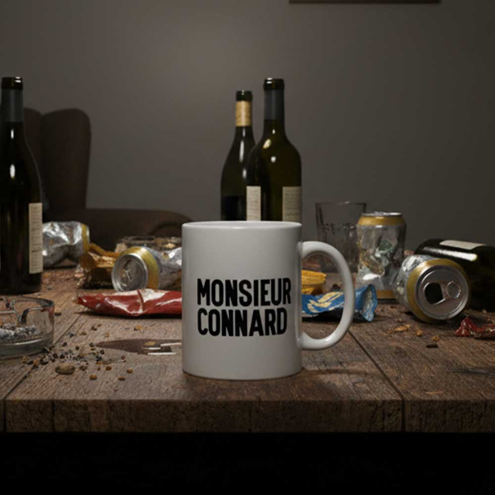 Mug "Monsieur connard" blanc brillant sur table d'un connard