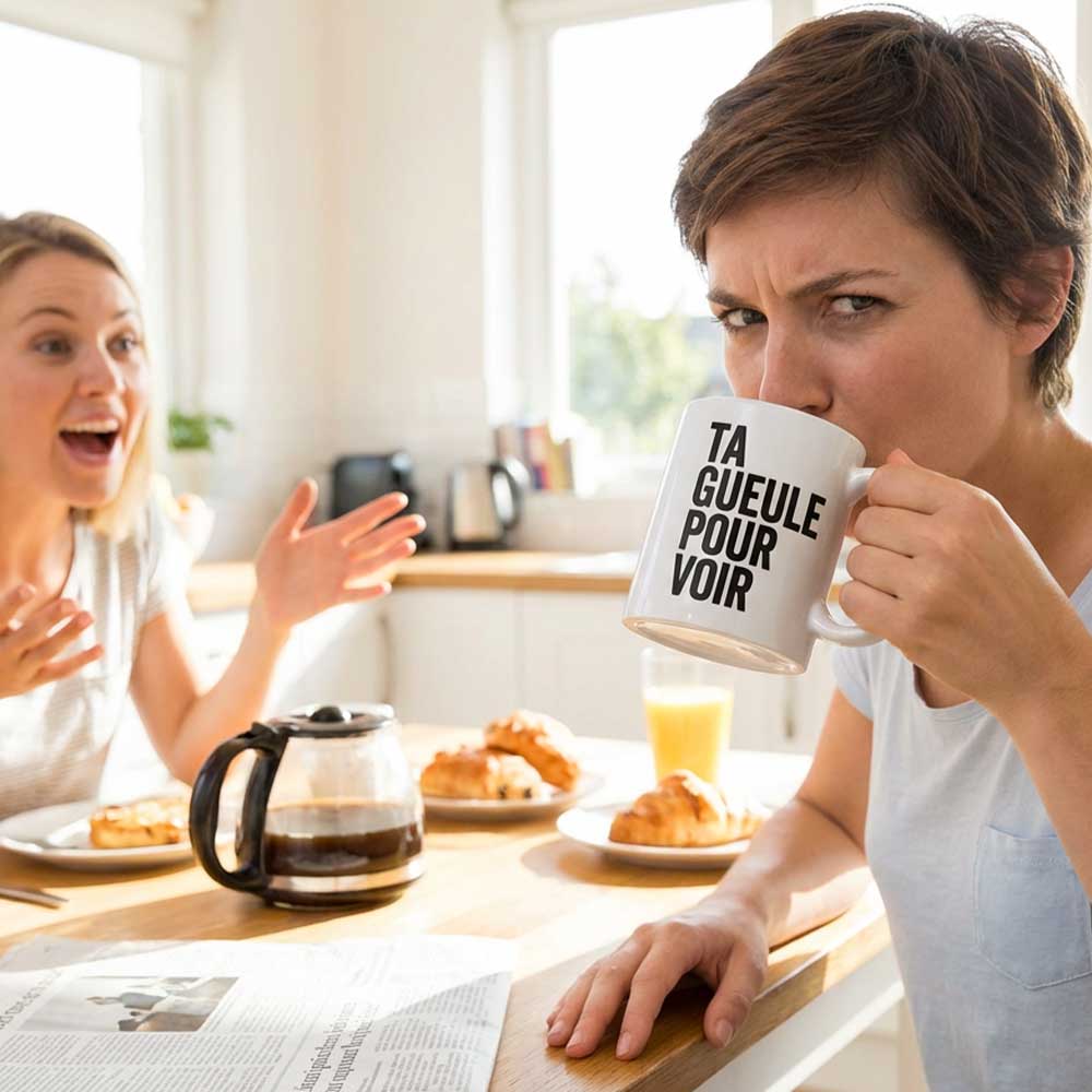 Mug "Ta gueule pour voir" blanc brillant avec femme qui parle