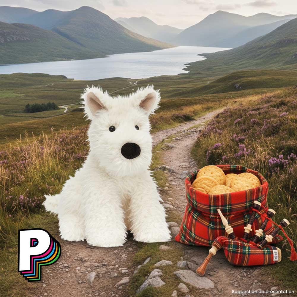 Peluche chien Écossais Munro Scottie de Jellycat dans région écossaise