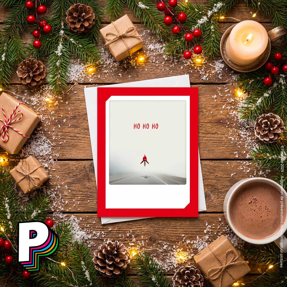 Carte “Ho Ho Ho” – Le Père Noël pédale vers la magie 🎅🚴‍♂️