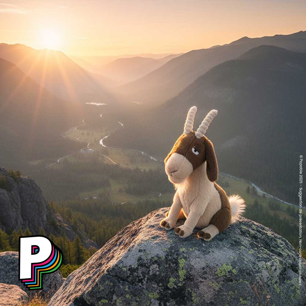 Peluche chèvre Glenny de jellycat sur un rocher en montagne au lever du jour