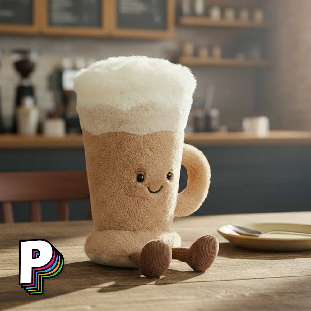 Peluche Café Latte Amuseables de Jellycat dans un café