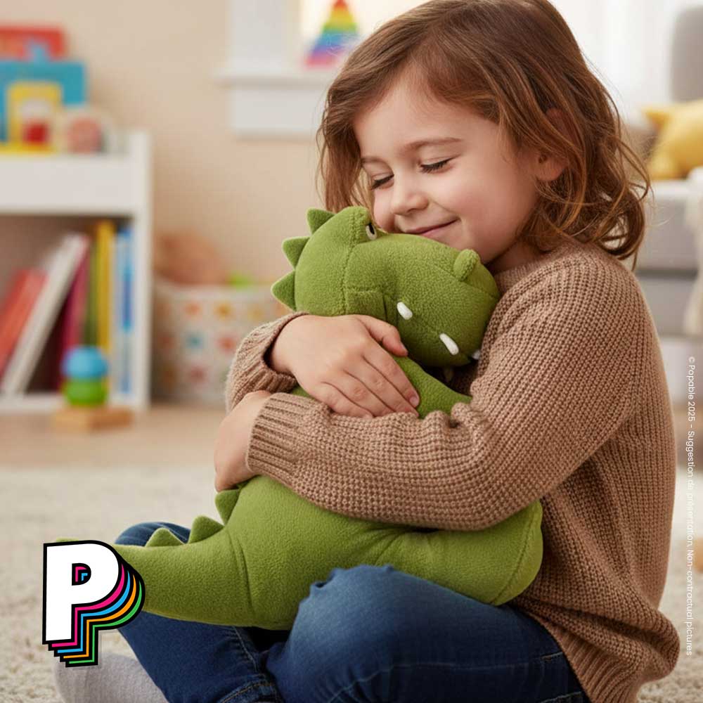 Peluche Bryno Dino de Jellycat enlasser par un enfant