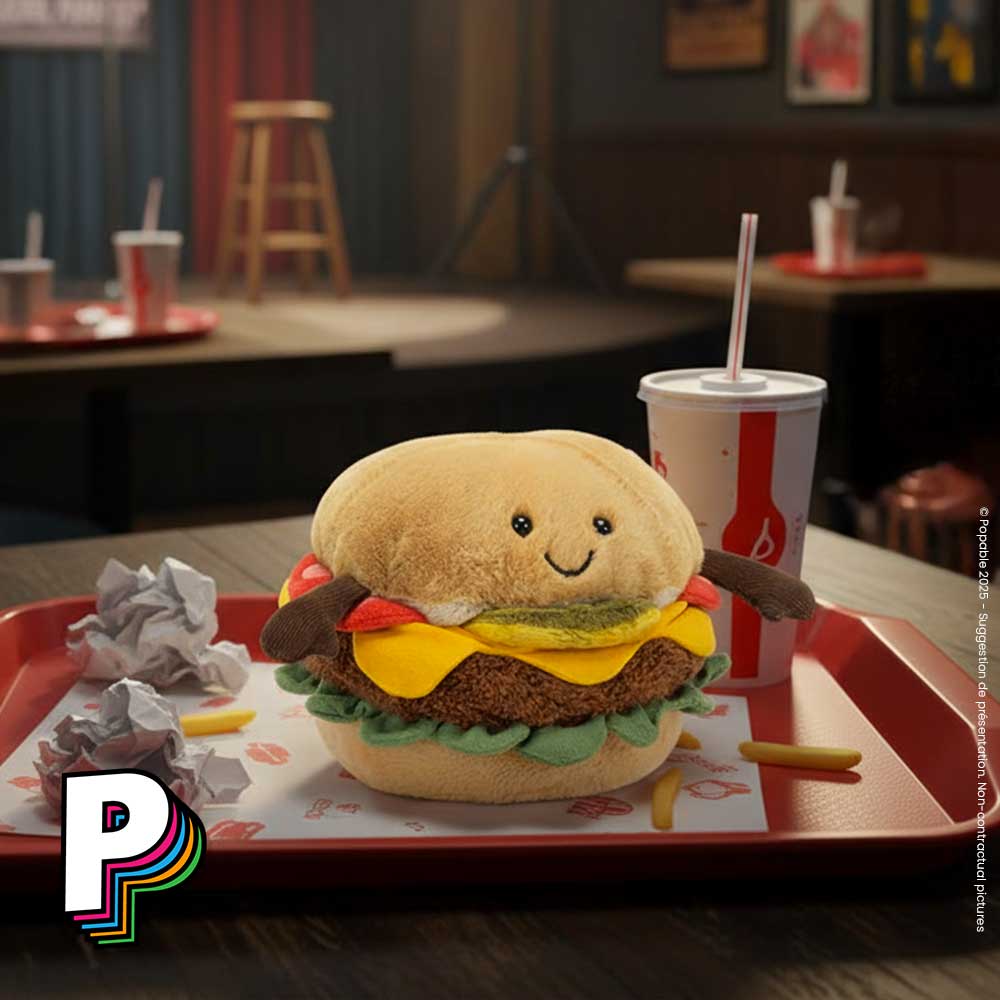Peluche Burger Amuseables de Jellycat sur plateau fast-food