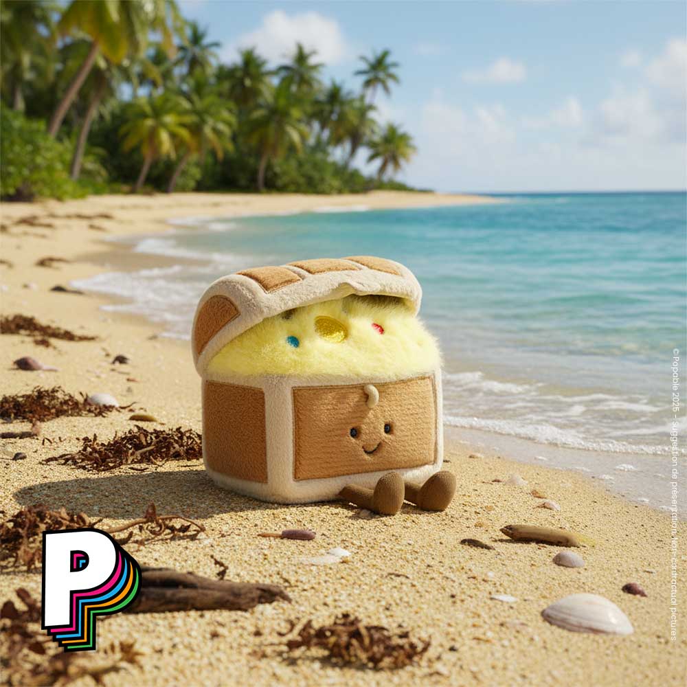 Peluche coffre au trésor Jellycat sur plage déserte
