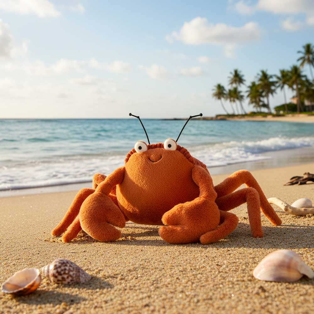 Peluche crabe Crispin de Jellycat sur une plage paradisiaque 