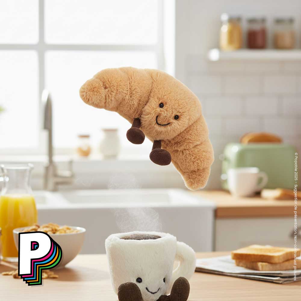 Peluche croissant Amuseables de Jellycat au dessus de la tasse café Jellycat