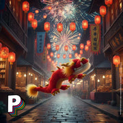 Peluche Dragon Oriental Rouge Doré Festival de Jellycat dans rue ville asie avec feu d'artifice