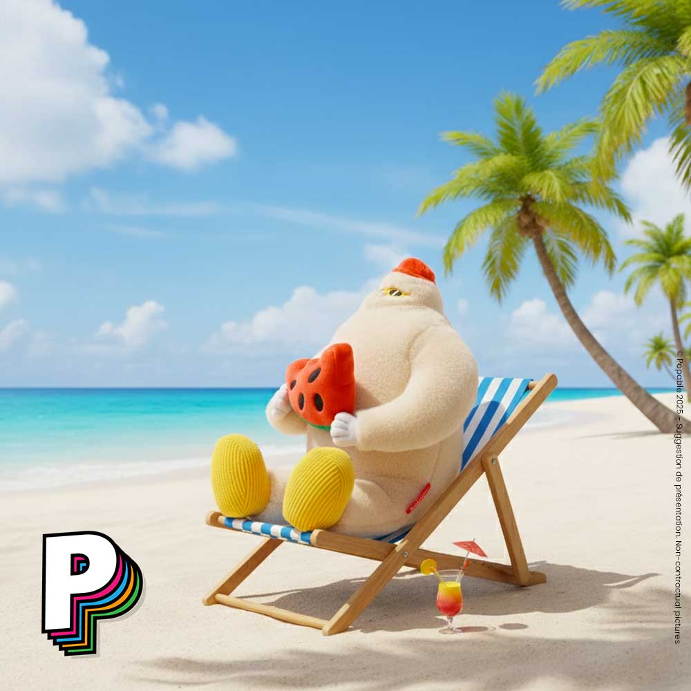 Peluche Yéti au soleil Frosty Yeti de Hello Hossy sur un transat à la plage